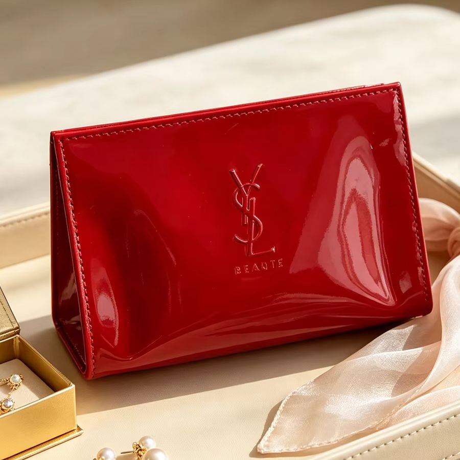 Luxury Skincare Logo - YSL Red Patent Leather Cosmetic Bag